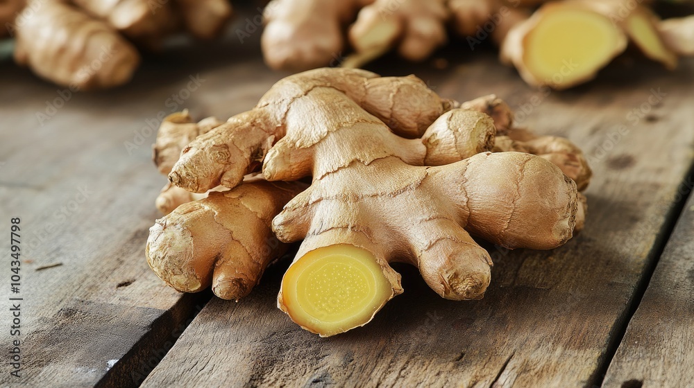 Poster Raw ginger roots displayed on a wooden background, evoking a sense of freshness and the importance of organic ingredients in wellness