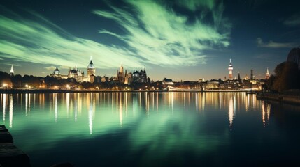 A city skyline is reflected in the water of a lake