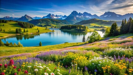 Fototapeta premium Aerial View of Summer Landscape with Fields, Meadows, Lake, and Mountains - Vibrant Nature Photography