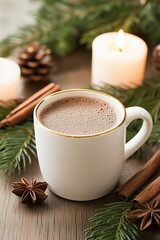 Cozy cup of hot chocolate beside pinecones and candles during a winter evening