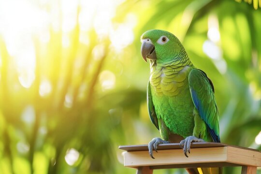 A parrot perched on a blank wooden stand with a tropical background. The image leaves blank space around the parrot for text, for pet shops, bird food advertisements, or exotic pet care services. 