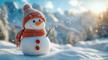 Obraz premium A snowman with a red hat and scarf is standing in the snow