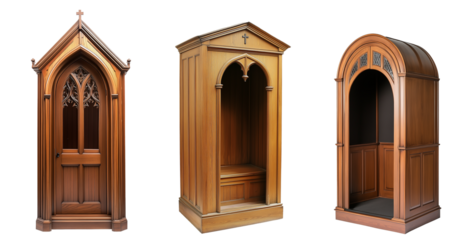 Three Wooden Confessionals with Arched Tops and Ornate Doors in a Quiet Chapel. Cutout background.
