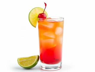 A Singapore sling in a tall glass with a cherry and lime wedge on a white background