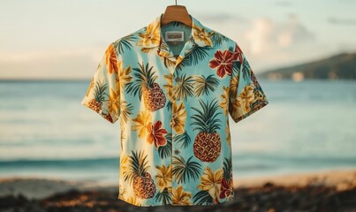 Tropical print shirt with pineapples, hangs on beach.