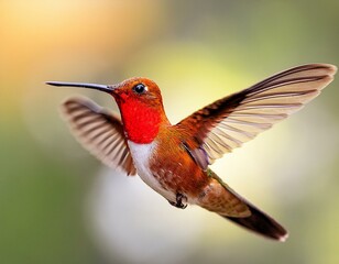 Fototapeta premium Male Ruby Topaz hummingbird hovering in a garden with a green bokeh background.