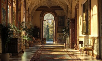 Obraz premium Sunlit hallway with ornate details, arched doorway and plants.