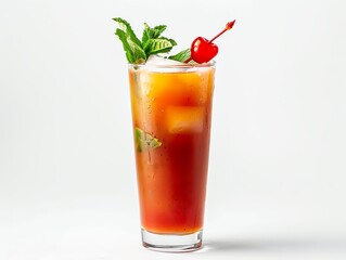 A zombie cocktail in a tall glass with a cherry and mint sprig on a white background