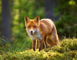 Beautiful Male Red Fox Standing in A Natural Background During Sunset in A National Park