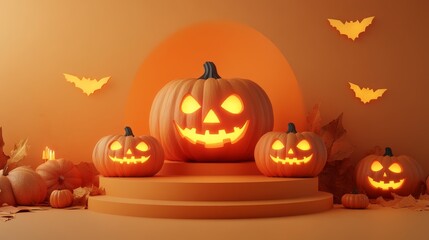 Halloween display podium with 3D Jack O' Lantern pumpkins and candlelight on an orange paper graphic background