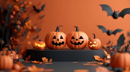 Halloween display podium with 3D Jack O' Lantern pumpkins and candlelight on an orange paper graphic background