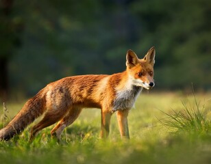 Fototapeta premium Beautiful Male Red Fox Standing in A Natural Background During Sunset in A National Park