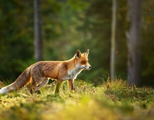 Fototapeta premium Beautiful Male Red Fox Standing in A Natural Background During Sunset in A National Park