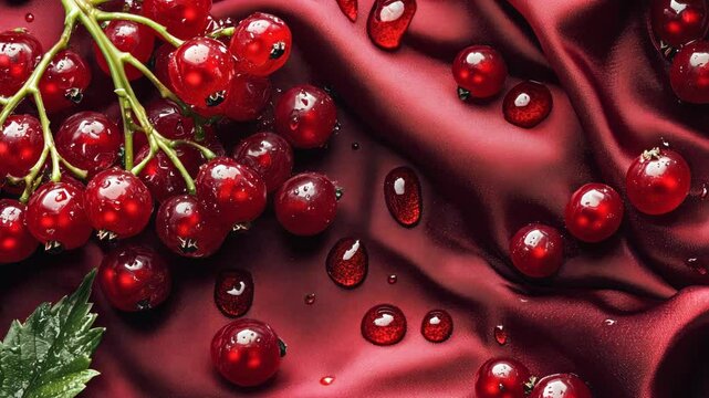 Red glossy berries against a dark red silk fabric background.