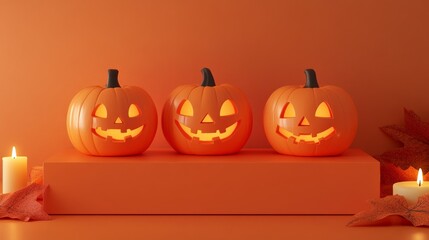Halloween display podium with 3D Jack O' Lantern pumpkins and candlelight on an orange paper graphic background
