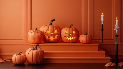 Obraz premium Halloween display podium with 3D Jack O' Lantern pumpkins and candlelight on an orange paper graphic background