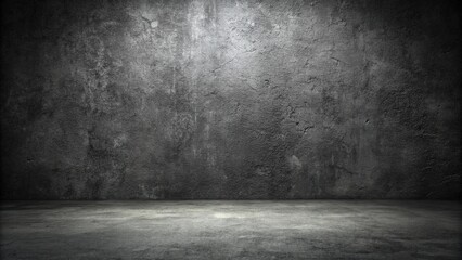 Rough dark concrete floor with wide angle view in front of black wall texture background