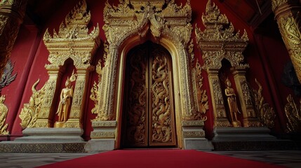 Ornate Temple Entrance with Rich Red and Gold Details