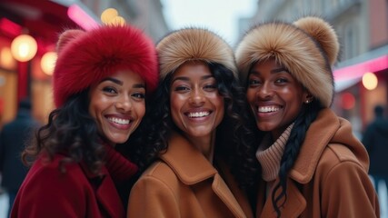 Fototapeta premium Elegant winter fashion portrait of three women in stylish faux fur hats and coats embracing urban chic aesthetic in vibrant city setting