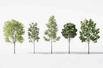 Obraz premium A row of green trees isolated against a white background, symbolizing growth, nature, and environmental simplicity. Perfect for themes of landscaping, natural design, and environmental concepts.