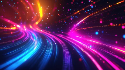 dynamic abstract background with a burst of radiant, neon colors against a dark backdrop. The glowing lines and dots create a futuristic and tech-inspired aesthetic