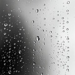 Close-up of water droplets on a glass surface, creating a textured pattern in grayscale tones.