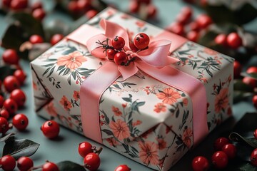 beautifully wrapped gift with a pink ribbon, surrounded by floral patterns and red berries on pastel-colored wrapping paper