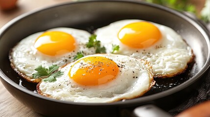 Sunny-side-up eggs with glowing yolks in a frying pan, symbolizing comfort and warmth, offering a visual of the perfect breakfast to start the day.