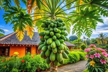 Architectural Photography of a Papaya Tree in a Lush Garden Setting, Showcasing Nature's Beauty and Sustainable