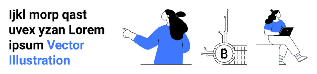 Woman pointing to text on left wall Woman with laptop sitting on the right and a Bitcoin, symbol in the center Ideal for digital marketing fintech cryptocurrency technology business web design Banner