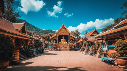 Obraz premium Serene Temple with Buddha Statue in Tranquil Landscape