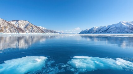 Obraz premium A panoramic view of a frozen lake with mountains in the background.