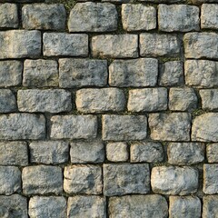 Obraz premium Close-up of a rustic stone wall with weathered texture, displaying irregular patterns and natural colors.