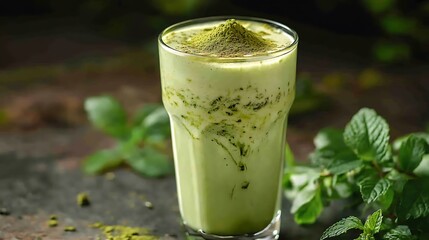 A creamy matcha smoothie in a tall glass, dusted with matcha powder, with mint leaves and green tea leaves in the background, bright and soft lighting, vibrant and refreshing appearance,