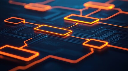 Fototapeta na wymiar The image features a close-up view of a digital circuit board with glowing orange elements, highlighting connections and pathways in a futuristic design.
