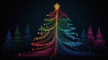 Abstract rainbow christmas tree shining with colorful lights on dark background
