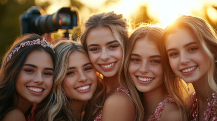 Fototapeta premium Group of friends in matching outfits smiling joyfully at sunset, capturing memorable moment with camera in background, radiating happiness and confidence