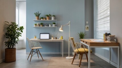 Fototapeta premium Modern home office interior with minimalist design featuring plants and natural light