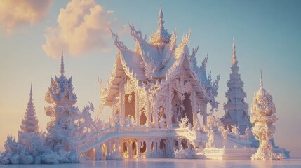 Serene White Temple Under Soft Sunset Light