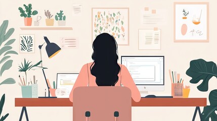 Fototapeta premium Woman in a professional outfit sits at her desk, surrounded by work materials, embodying focus, productivity, and modern work-life balance.