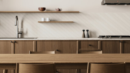 Modern kitchen design with beautiful wooden elements and bright minimalist aesthetics