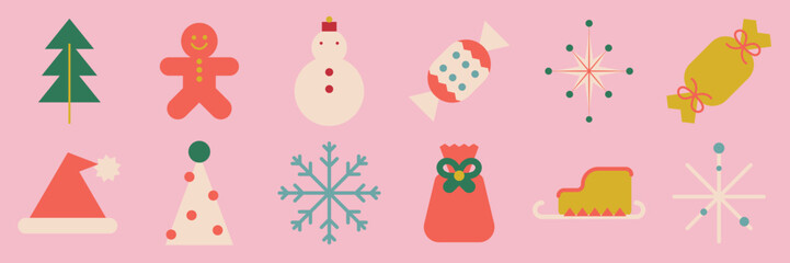 Flat vector style with pastel colors. Christmas-themed vector icons include tree, snowman, candy, and snowflakes in flat style. Cute flat graphic illustration festive holiday and Christmas element set
