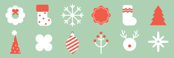 Flat vector style with red and white Christmas icons on green. Simple vector style for festive designs. Cute holiday and Christmas icons, including festive vector elements.