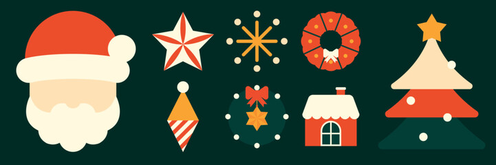 Flat vector style Christmas vector with bold colors, featuring Santa, tree, and ornaments in a festive, minimalist design. Cute holiday and Christmas icons, including festive vector elements.