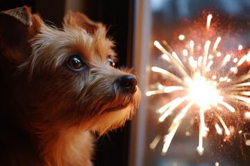 Dog Watching Fireworks Through Window