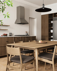 A Contemporary Modern Kitchen Designed with a Dining Area Featuring Natural Elements and Decor