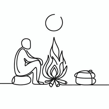 recommend clip art: Person sitting by a campfire under the sun in minimalist line art