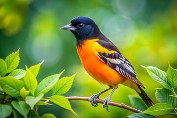 Fototapeta premium Baltimore Oriole on Branch in Lush Greenery - High Depth of Field Photography