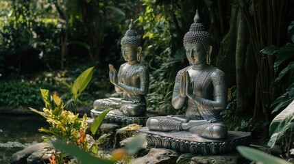 Obraz premium Serene Buddha Statues in Lush Greenery