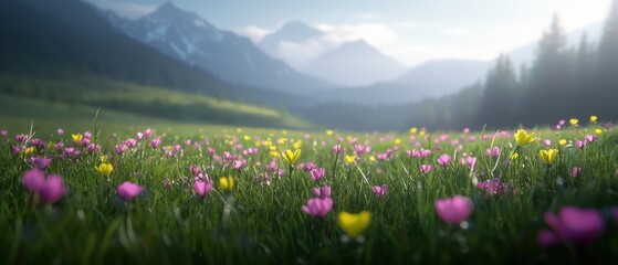 Obraz premium Vibrant wildflower meadow in the foreground with majestic mountains in the background.